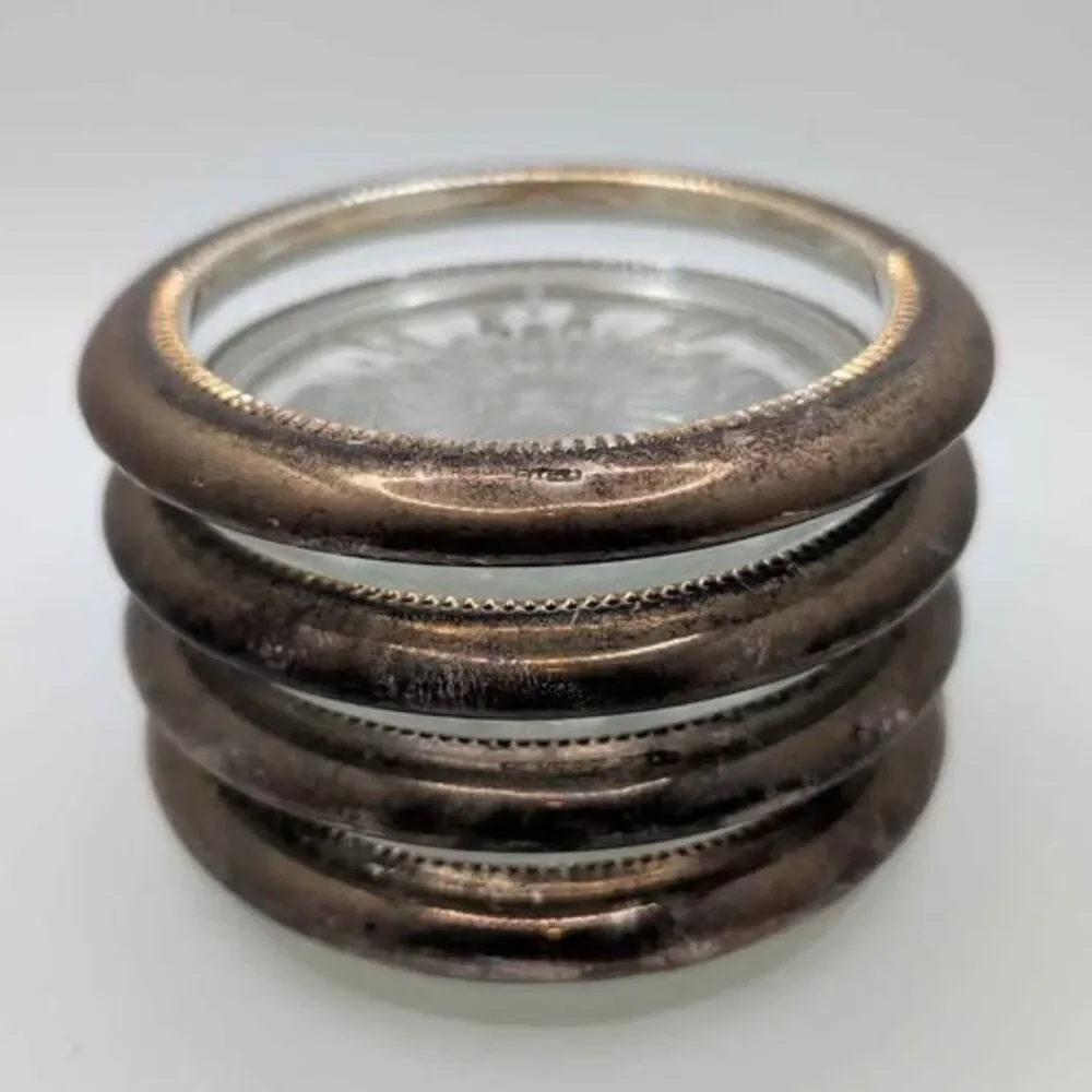 Vintage Leonard Silver Rim Crystal Coasters Set of 4 Starburst Glass Italy